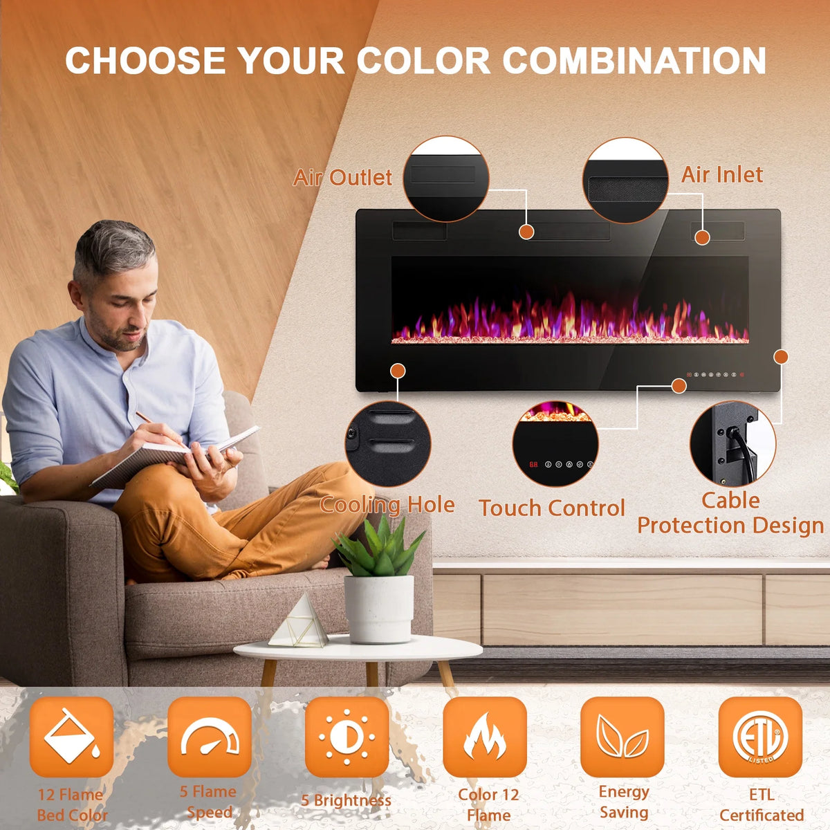 KISSAIR 60�� Indoor Electric Fireplace Ultra Thin Fireplace, Wall Mounted Recessed Fireplace with Multiple Colors