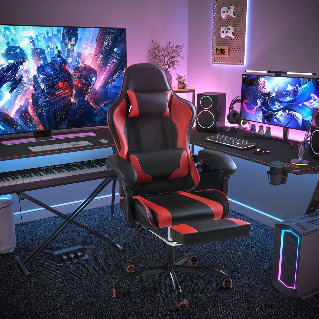 Lacoo PU Leather Gaming Chair Massage Ergonomic Gamer Chair Height Adjustable Computer Chair with Footrest & Lumbar Support, White