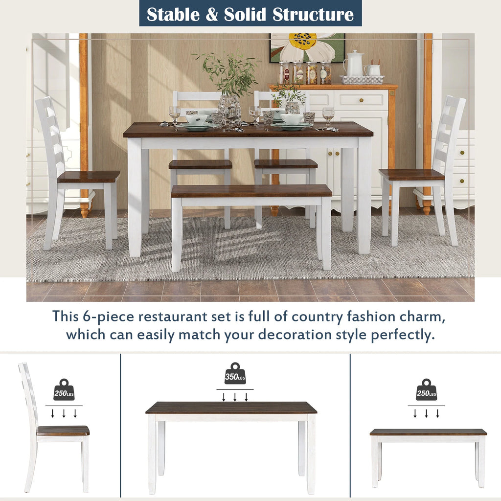 Rustic Dining table Set for 6, Wooden Rectangular Kitchen Dining Table with 4 Upholstered Dining Chairs and 1 Padded Bench, Dining Set with 4 Chairs, Dining Set for 6, Brown+Whitewash