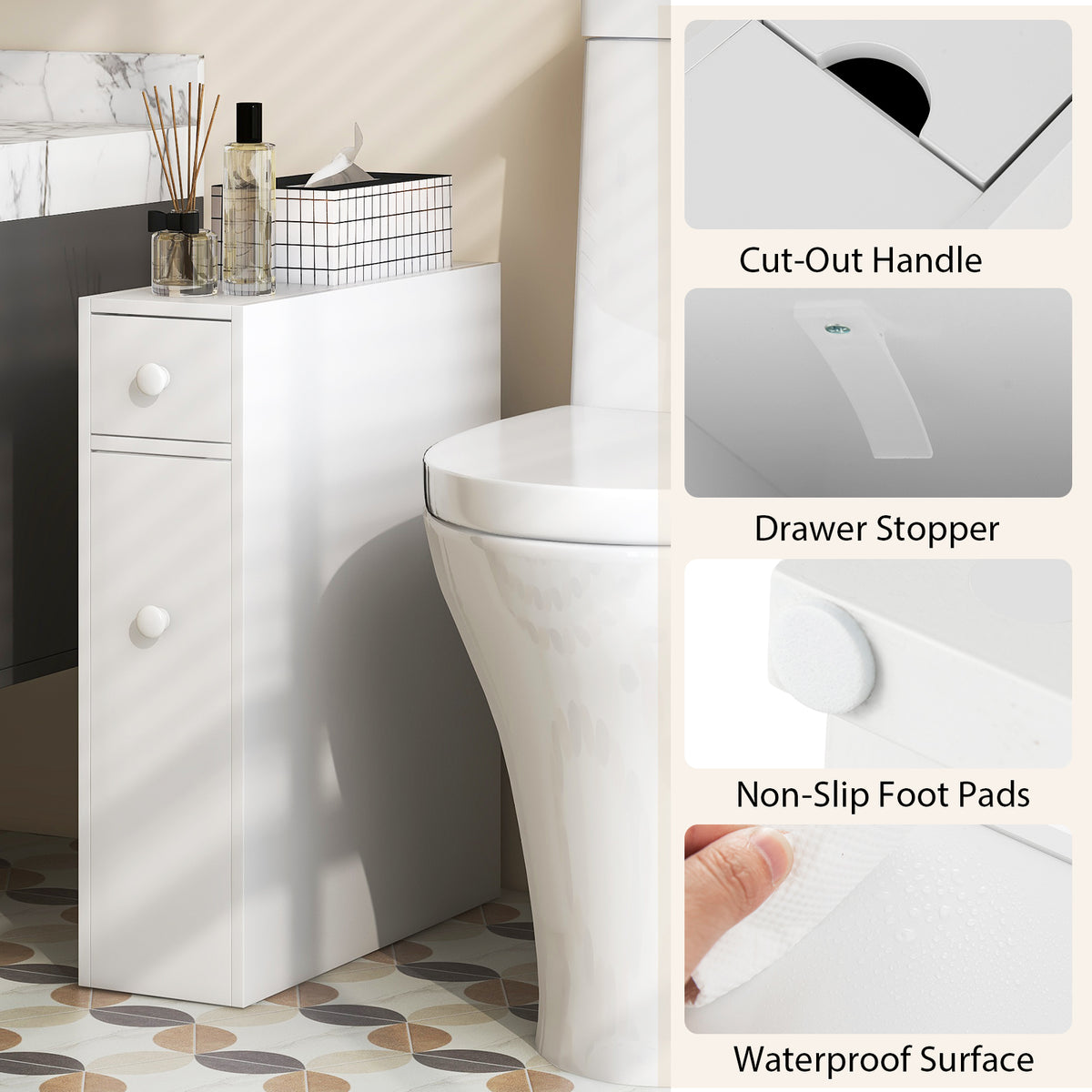 Topbuy Slim Bathroom Storage Cabinet Freestanding Toilet Paper Holder with Slide Out Drawers for Small Spaces White