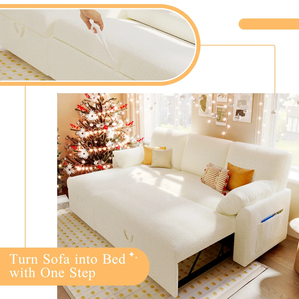 VANACC Sofa Bed, Convertible Sleeper Sofa-2 in 1 Pull Out Couch Bed, L Shape Sofa with Storage Chaise, White Boucle Couch for Indoor