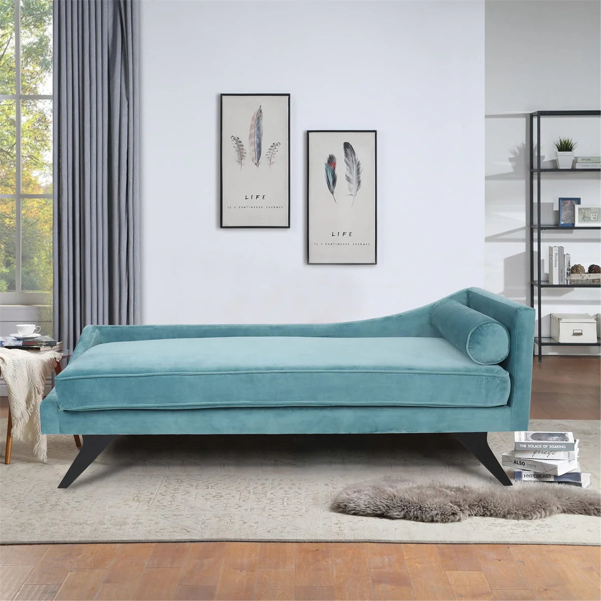 Chaise Lounge Sofa Chair, Right Square Arm Reclining Chaise, Indoor Upholstered Sleeper Sofa with Pillow and Wood Legs, Modern Accent Chaise Chair for Living Room Bedroom Office, Green
