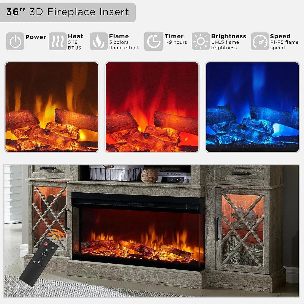 OKD Farmhouse 3-Sided Fireplace TV Stand for 80" TVs, 70" Entertainment Center with Electric Fireplace and Storage Drawers, Antique White