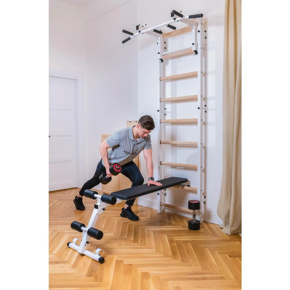 BenchK 733 White Wall bars with convertible steel 6-grip pull-up bar that can also be used as a barbell holder, dip bar with back support and advanced workout bench