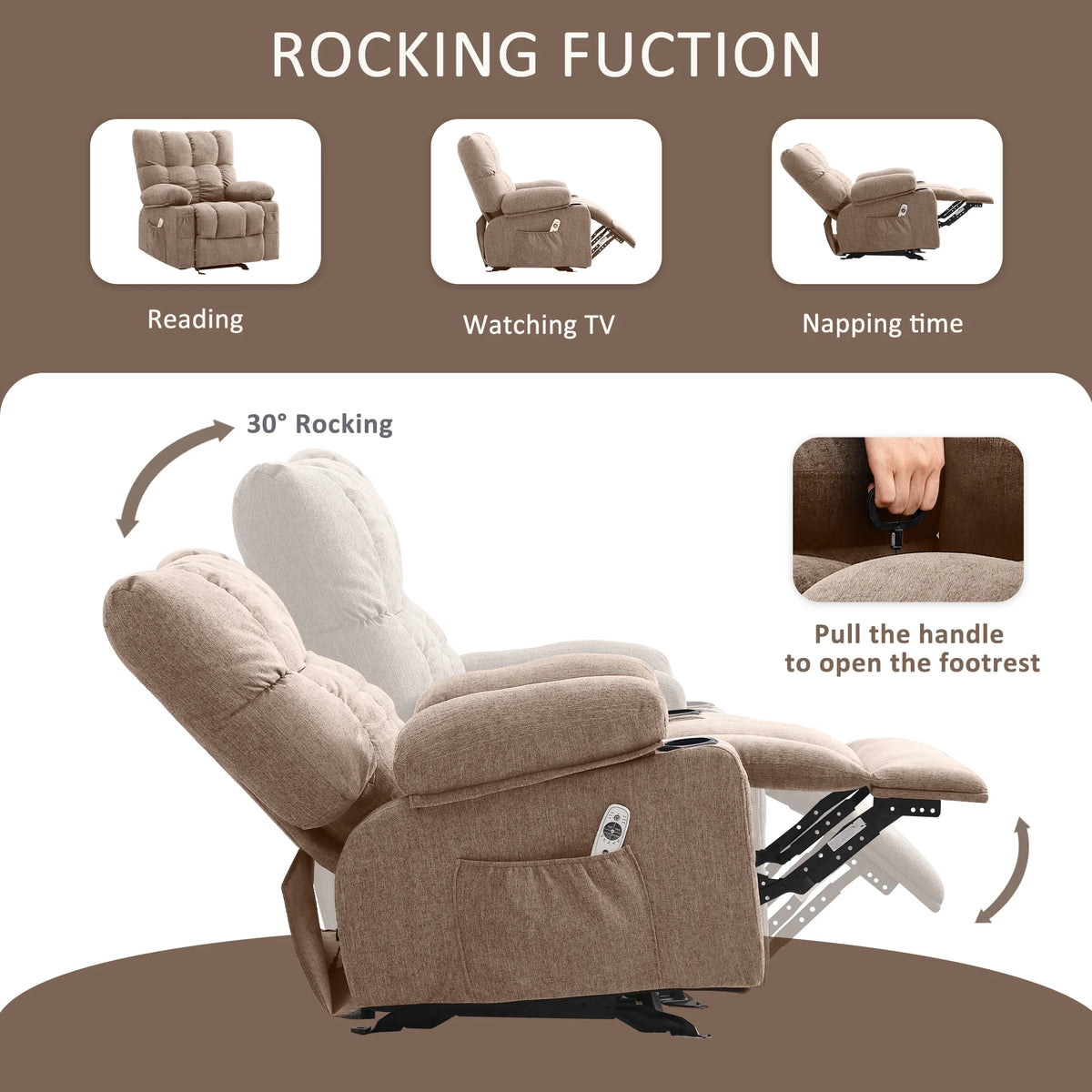 JONPONY Manual Recliner Chair with Heat Therapy and Massage Function, Heavy Duty Reclining Mechanism Massage Chair, Elderly Single Rocker Sofa with Cup Holders for Bedroom Home Theater,Grey