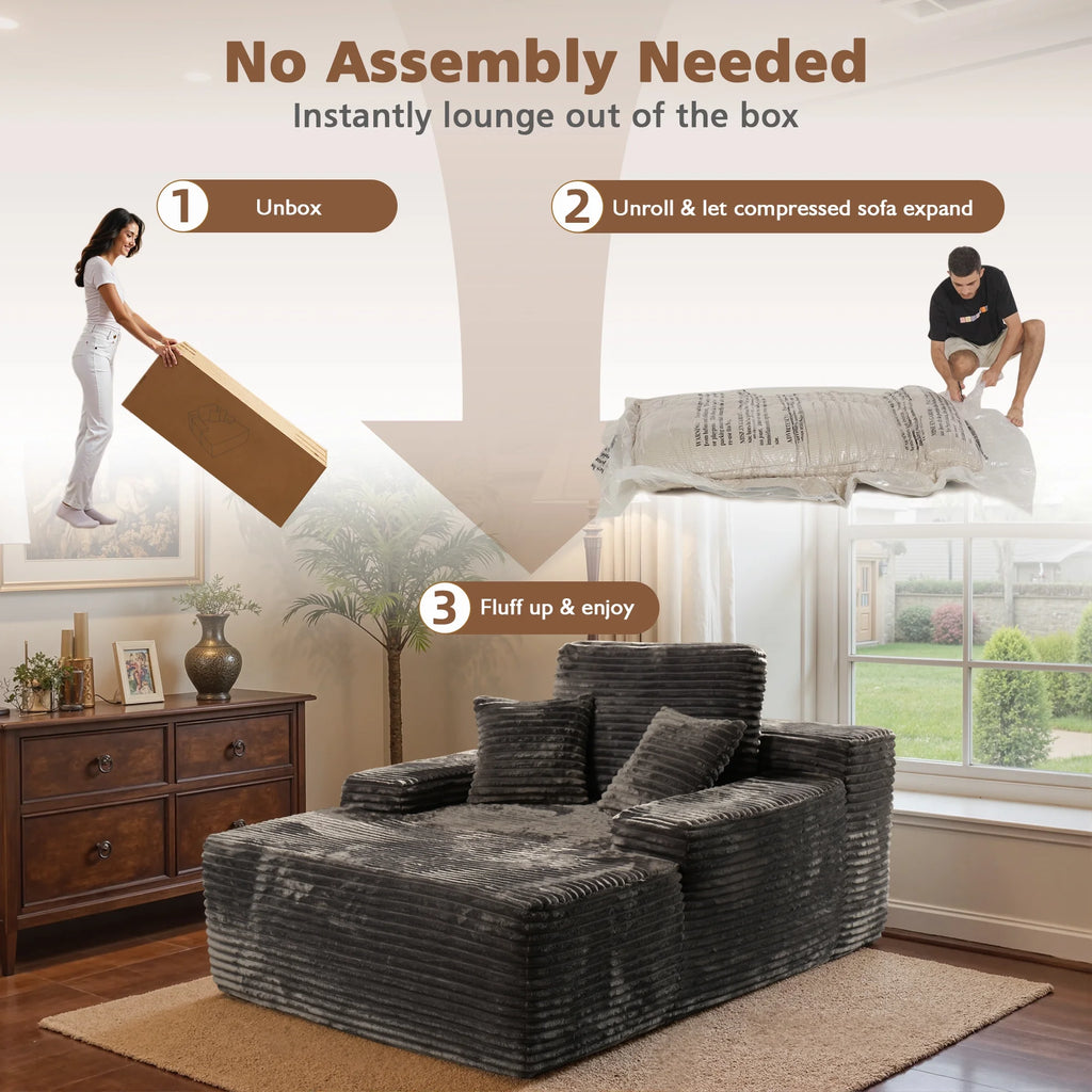 Ovios 67'' Oversized Chaise Lounge Chair Indoor Cloud Plush Corduroy Floor Sofa Bed Deep Seat No Assembly Couch for Living Room, Black