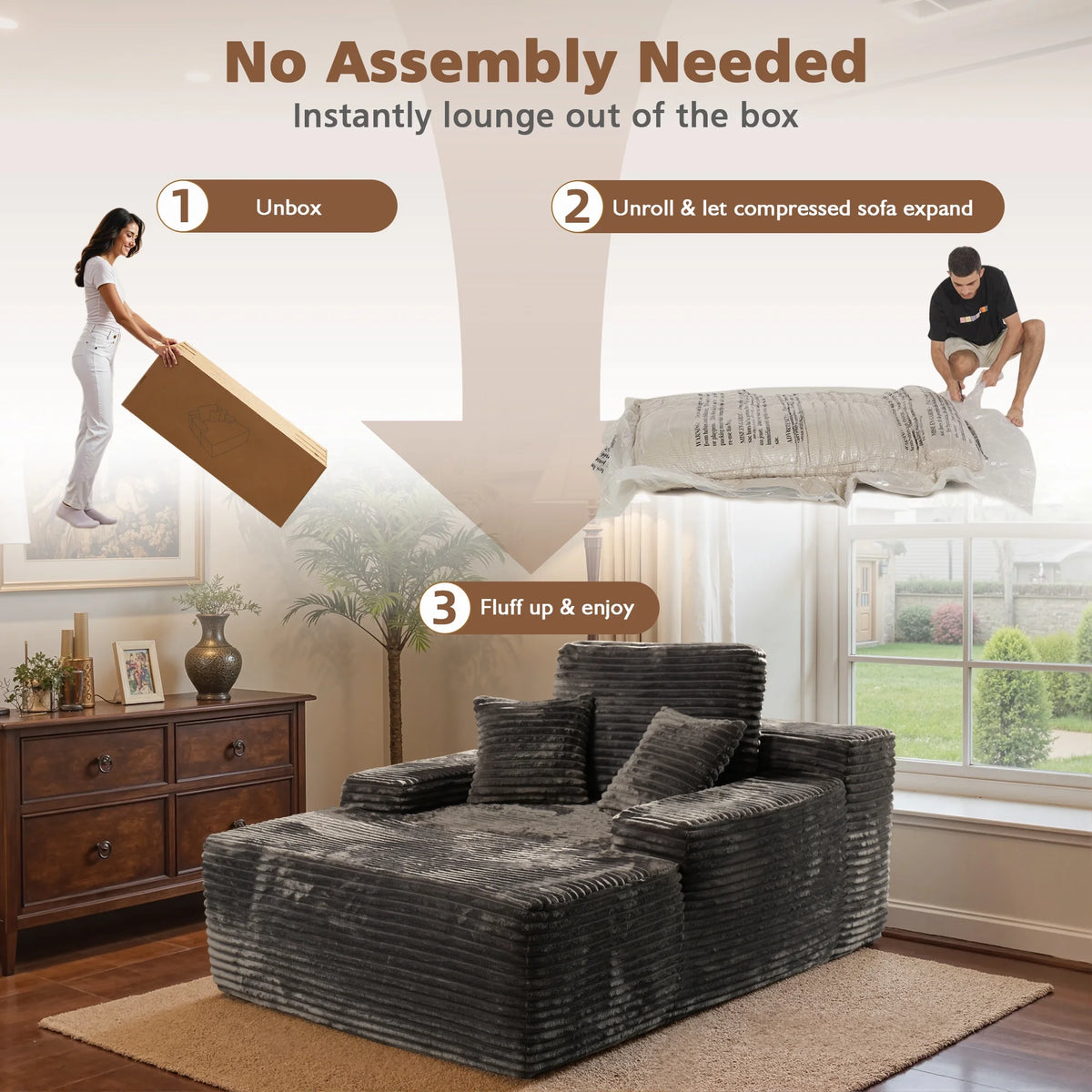 Ovios 67'' Oversized Chaise Lounge Chair Indoor Cloud Plush Corduroy Floor Sofa Bed Deep Seat No Assembly Couch for Living Room, Black