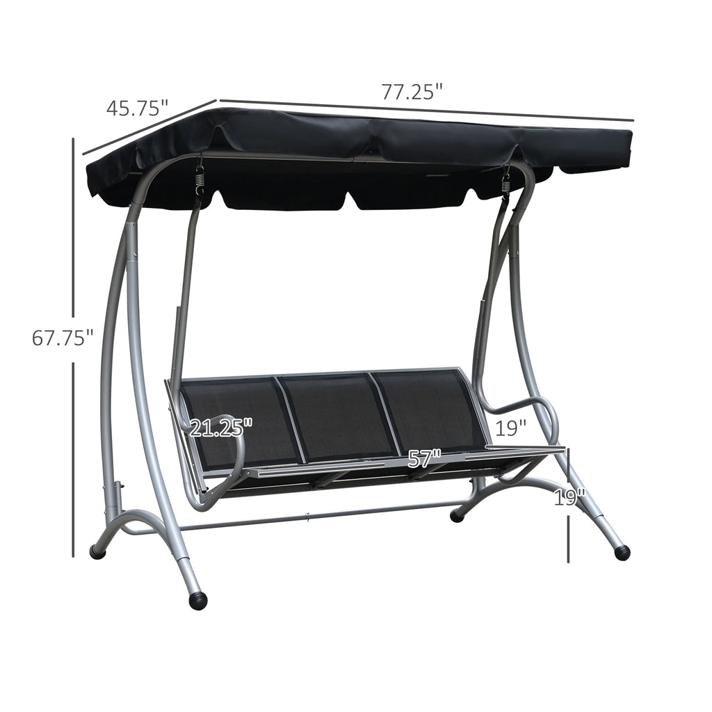 Outsunny 3 Person Patio Swing Seats, Porch Swing with Stand & Adjustable Canopy, Heavy Duty Outdoor Swing Chair Bench for Adults, Black