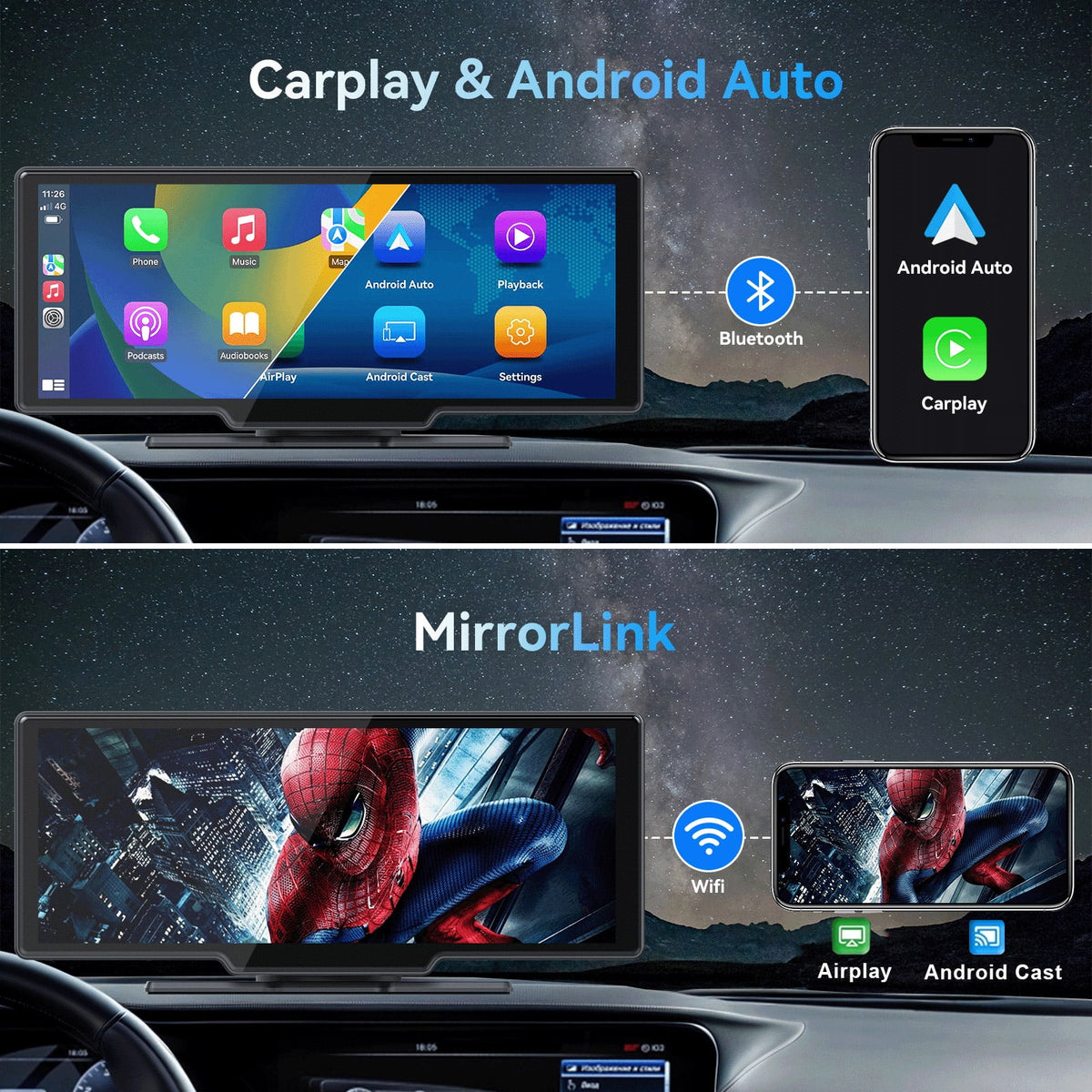10.26�� Wireless Apple Carplay Screen with Android Auto, 4K Dash Cam, Backup Camera, Bluetooth, GPS, Voice Control