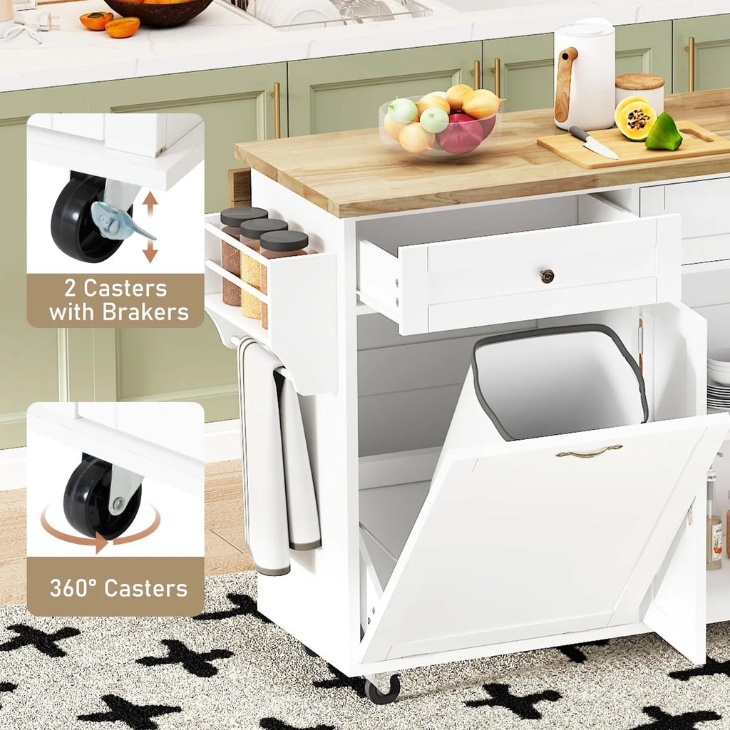 ANPOO 67" Rolling Kitchen Island with Drop Leaf, Tilt Out Kitchen Trash Cabinet 10 Gallon Storage, Kitchen Cart Island with Rubber wood Top, Spice Rack and Drawers