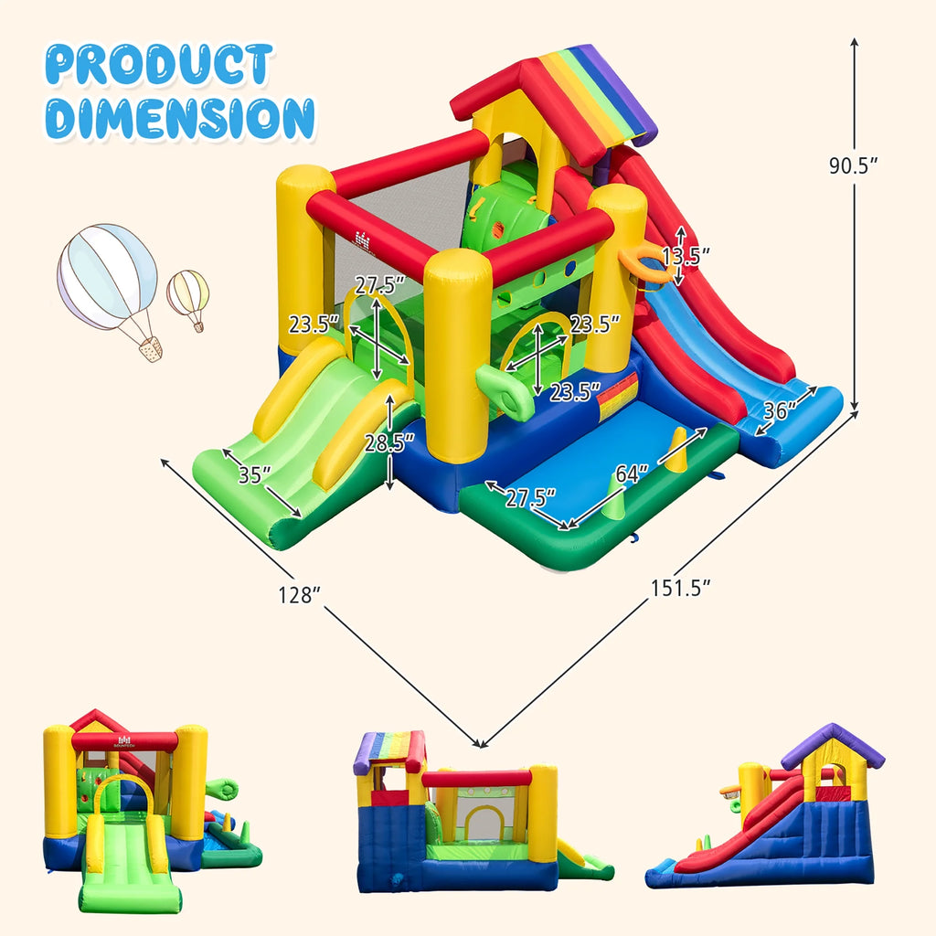 Costway Colorful Rainbow Kids Inflatable Bounce Castle with 50 Ocean Balls & 735W Blower