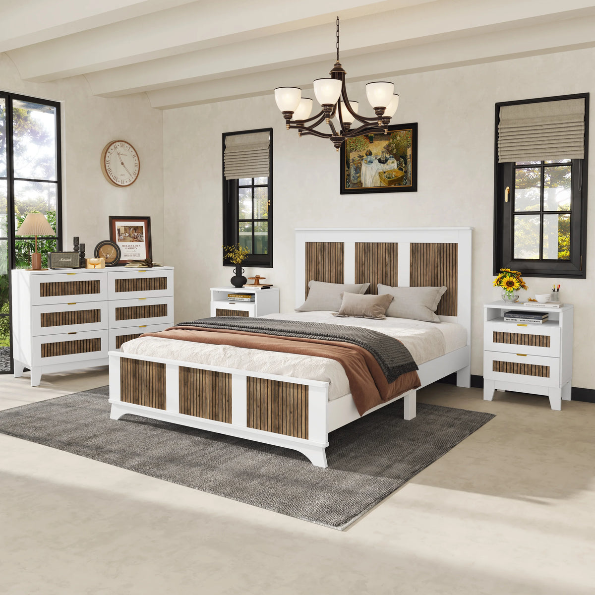 4-Pieces Bedroom Sets, Queen Size Farmhouse Platform Bed with Wooden Strip Stickers Decoration, Storage Nightstand and Dresser with Metal Handle, White