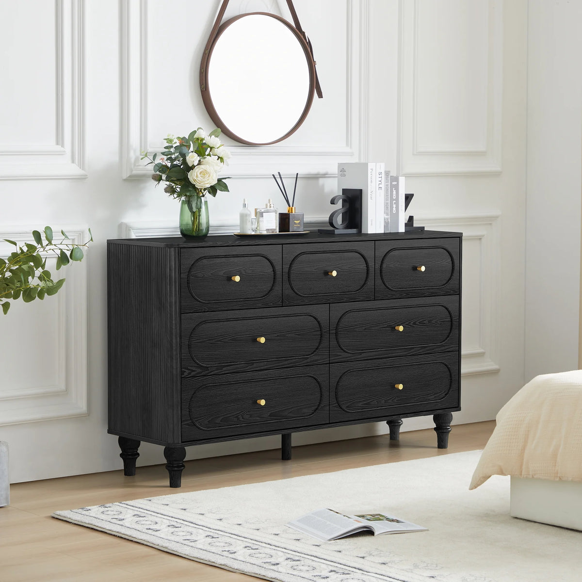 YOCWO 3 Drawer Nightstand, Classic Chest of Drawers with Arc Edge, Walnut