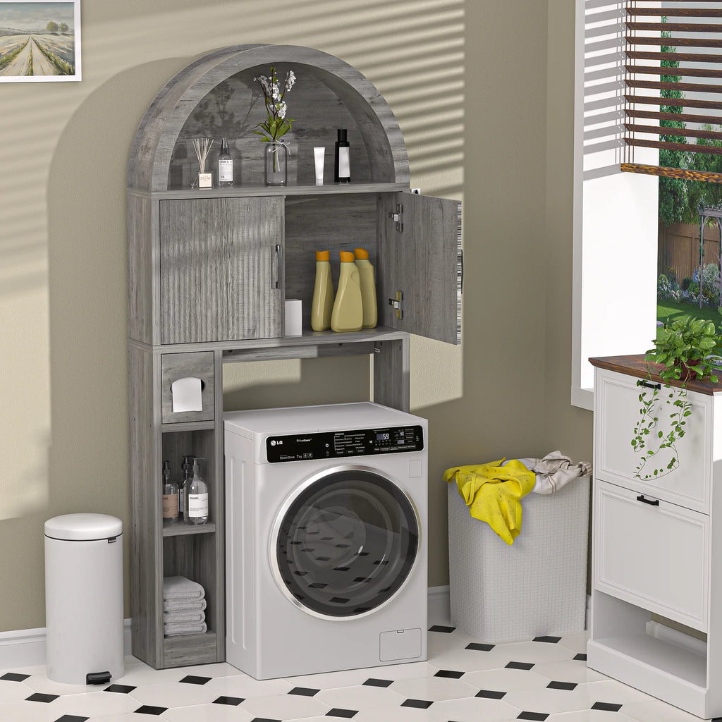 HARIPUL Over The Toilet Storage Cabinet w/ Unique Wood Grain & Arc Design, Freestanding Bathroom Shelf Organizer Space Saver w/ Doors & Anti-Tip Device, Wood Color