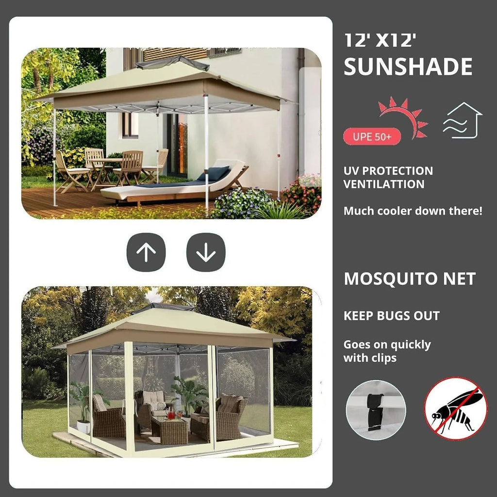 COBIZI 12x12 Outdoor Gazebo Pop Up Gazebo Canopy with Mosquito Netting Patio Tent Backyard Canopy with 2-Tiered Vented Top 3 Adjustable Height, Beige