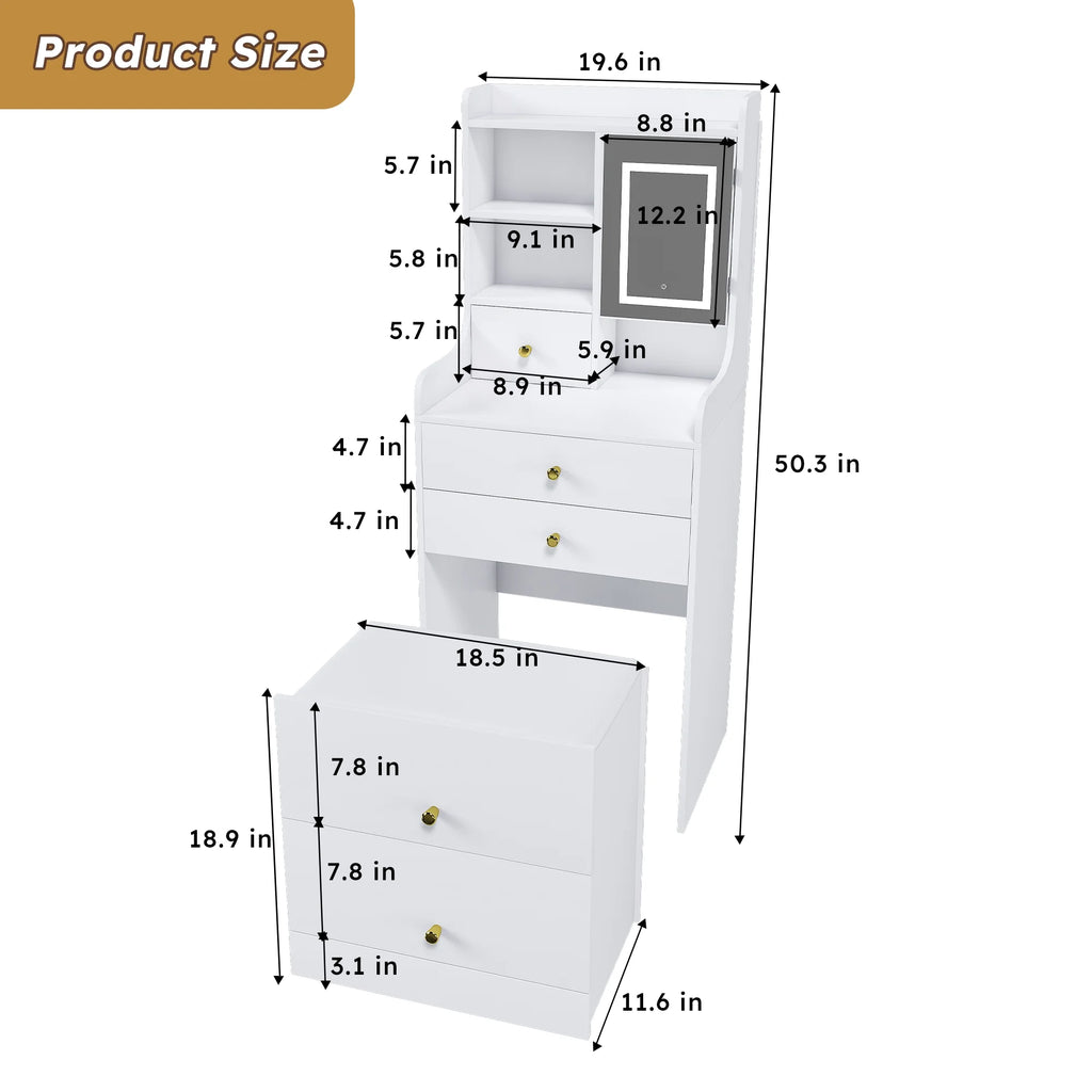 Montary Modern Mini Vanity w/Adjustable LED Mirror + Hidden Storage, Padded Stool & Dustproof Shelves (White)