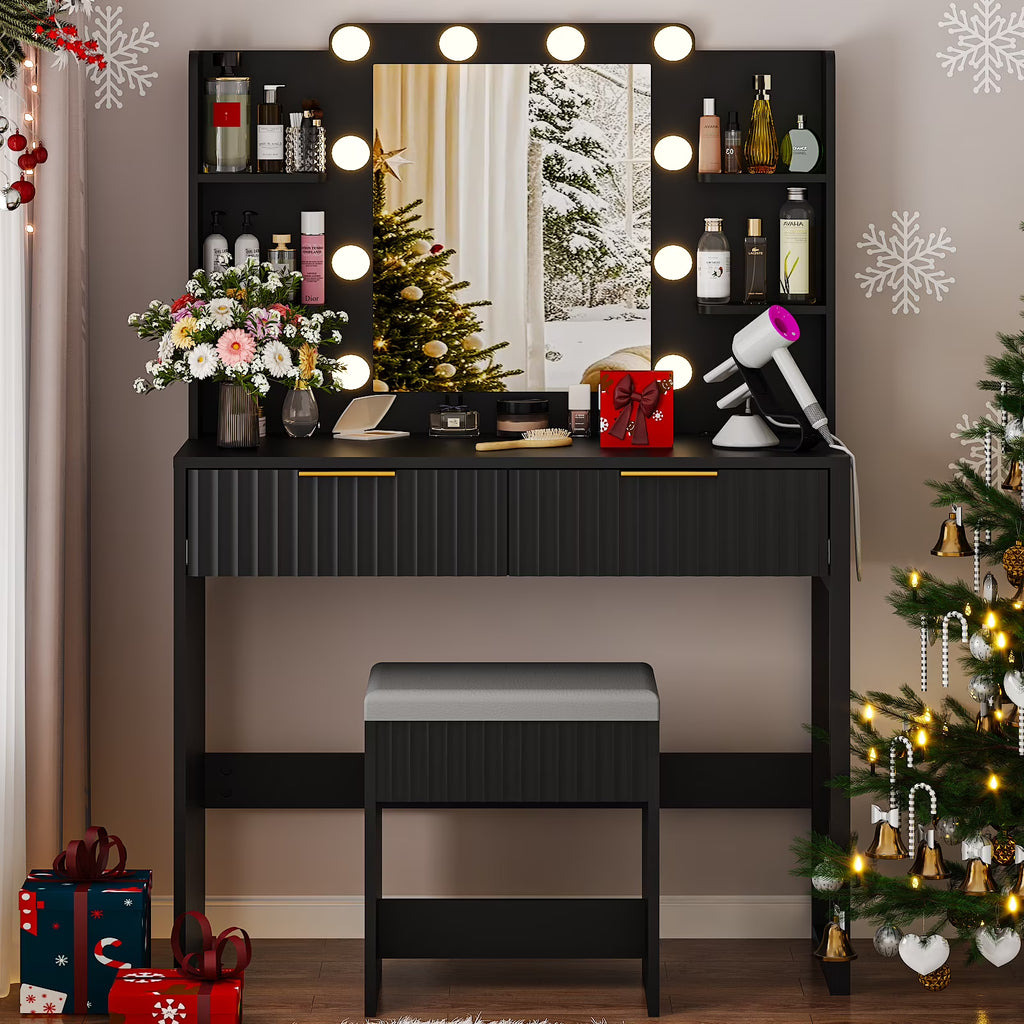 Ktaxon Lighted Makeup Vanity, White Vanity Table Set with 2 Drawer and Charging Station, Femal Gift