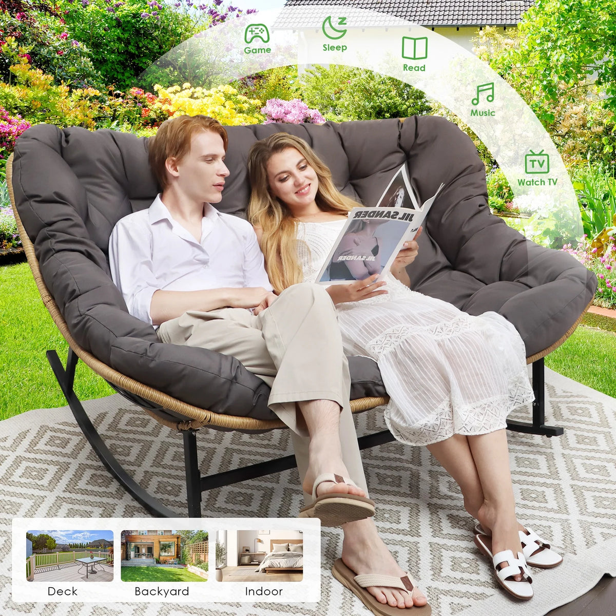 RADIATA Beige Double Outdoor Rocking Chair, 2 Person Patio Rocking Egg Chair with Thick Cushion