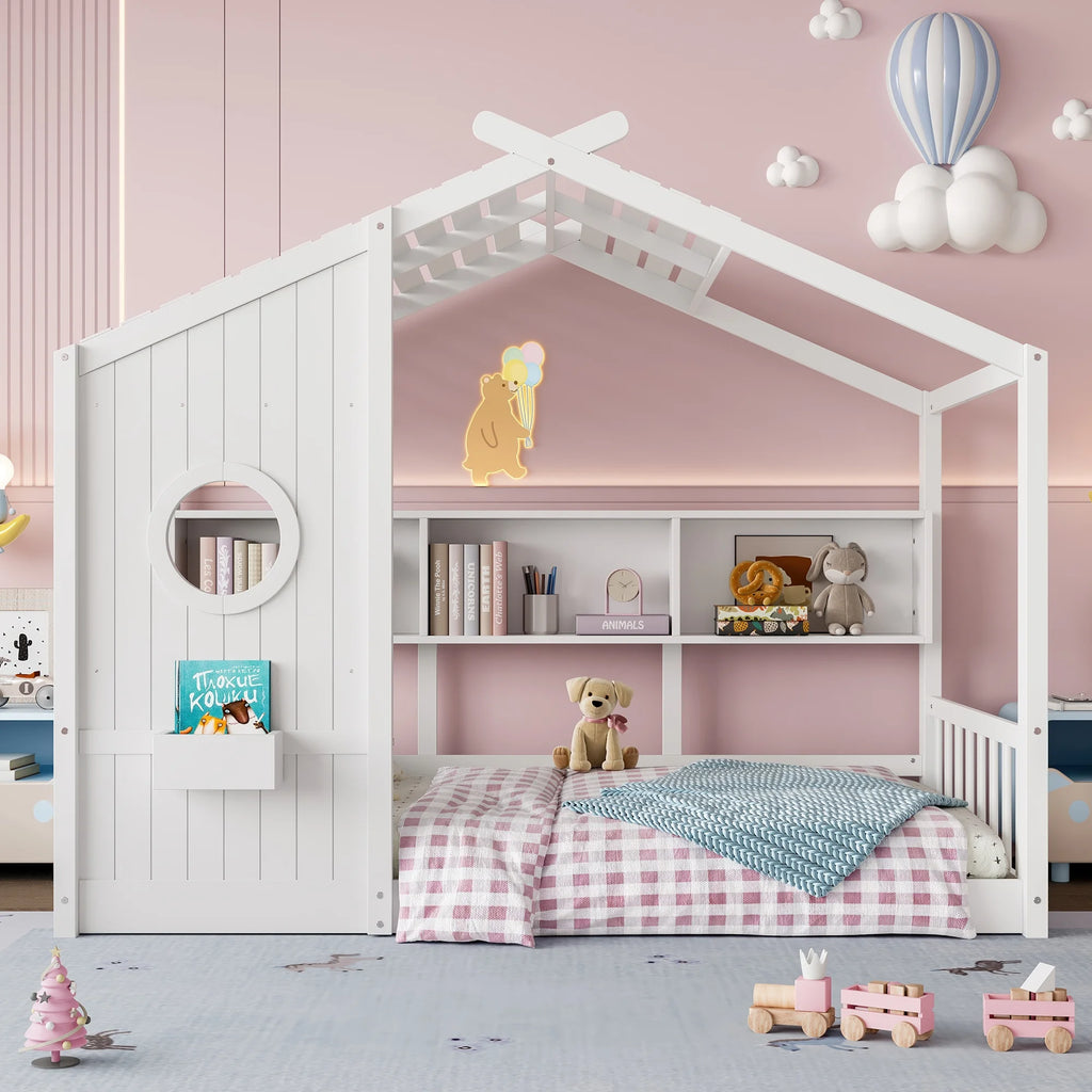 Miniyam Twin Size Montessori Floor House Bed with Roof Design and Storage Shelf for Kids, White