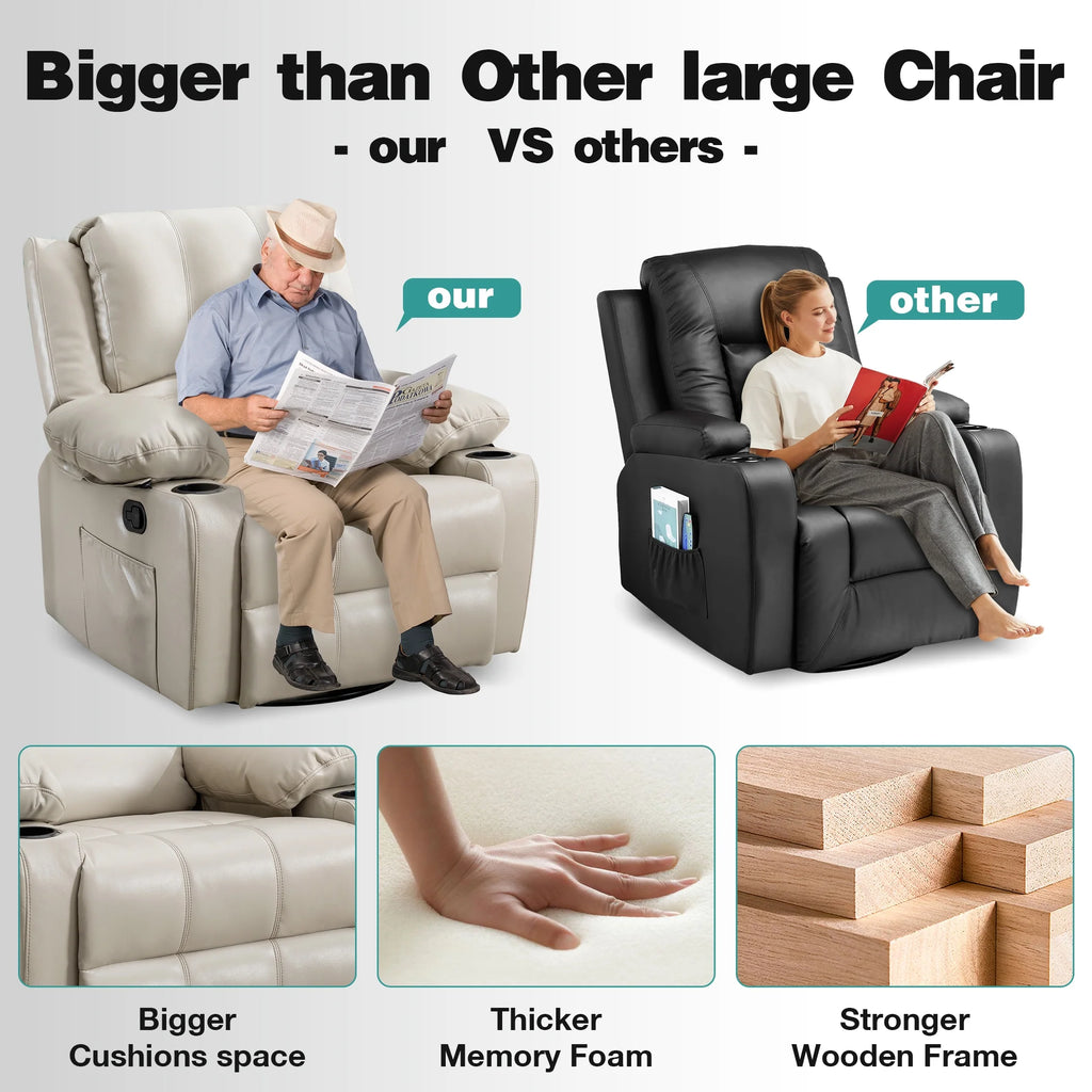 JONPONY Manual Recliner Chair with Heat Therapy and Massage Function, Heavy Duty Reclining Mechanism Massage Chair, Elderly Single Rocker Sofa with Cup Holders for Bedroom Home Theater,Black