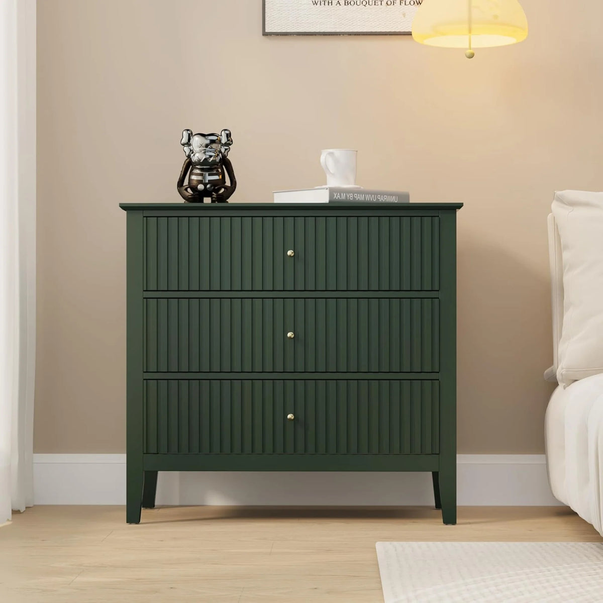 Heynemo Beige 6 Drawer Dresser, Fluted Modern Wood Chest