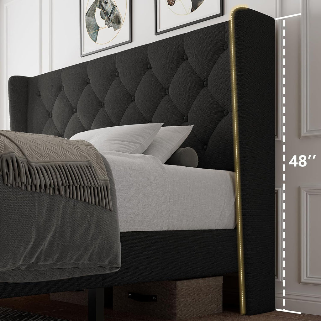 iPormis Full Size Bed Frame with Diamond Button Tufted Wingback Headboard, Upholstered Platform Bed Frame with Strong Wood Slat Support, No Box Spring Needed,Black