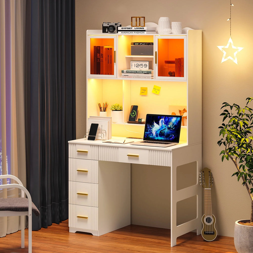 HNEBC LED Study Desk with Hutch and Drawer, Home Office Desk with Outlet, Computer Desk with Charging Station, Writing Desk for Bedroom, Workstation for Small Space