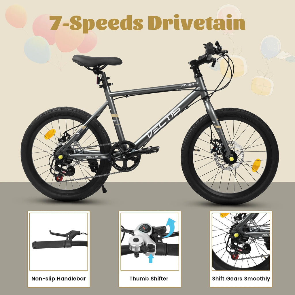20 Inch Kids Bike for Boys Girls, 7-Speed Children Road Bike with Steel Frame and Dual Disc Brakes, Kids Road Bicycle for Ages 6-12 Years Old Birthday Gift, Silver