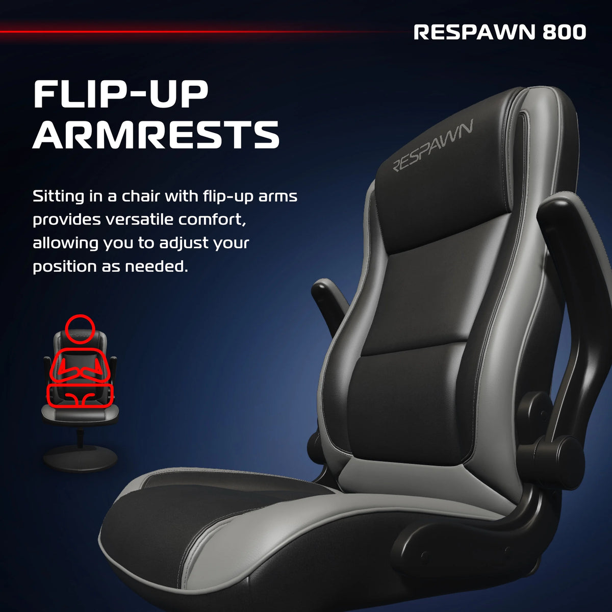 RESPAWN 800 Swivel Rocker Gaming Chair - Ergonomic Floor Gaming Seat with Lumbar Support, Flip Up Armrest, High Back, Pedestal Base, Comfortable No Wheels Console Video Game Rocker Chair - Red
