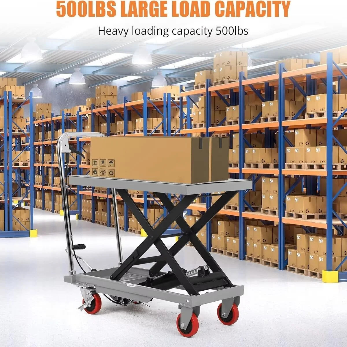 Hydraulic Lift Table Cart, 500lbs Capacity 59" Lifting Height, Single Scissor Lift Table Cart with 4 Wheels and Non-Slip Pad, Manual Elevating Cart for Material Handling Transportation