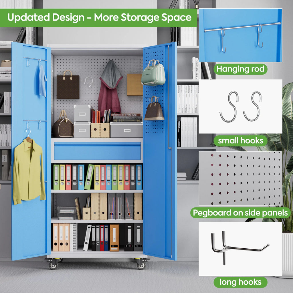 SUPEER 71" Metal Storage Cabinets with Wheels and Pegboards, Industrial Cabinet with 2 Drawers and 2 Adjustable Shelves,, Assembly Required