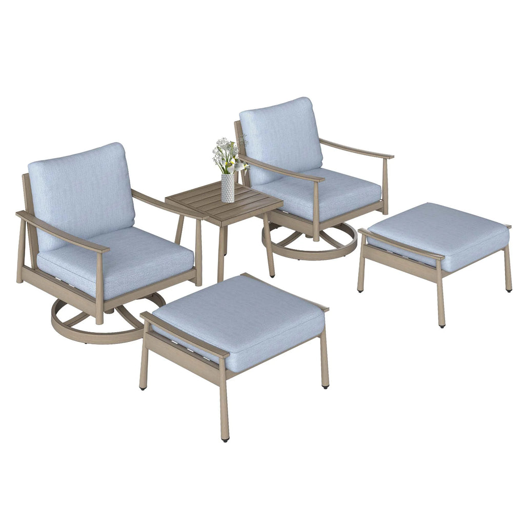HAPPATIO Aluminum Outdoor Furniture Set - 5 Pieces Patio Furniture Set Includes 1 Side Table, 2 Swivel Chairs and 2 Ottomans with Thick Cushion, Patio Conversation Set for Backyard Poolside (Grey)