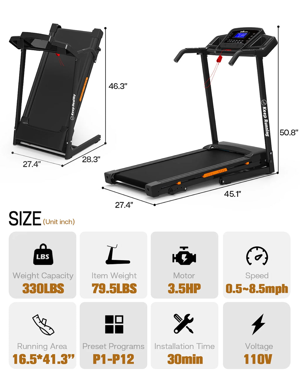 BTMWAY Foldable Treadmills for Home Clearance, Portable Treadmills Small Space Foldable, Running treadmill with handles, Walking Pad Treadmill with 330LBS Capacity, 3.5HP Walking Pad with Incline