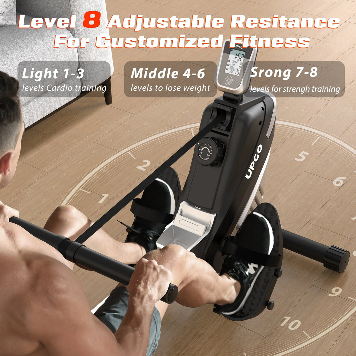 Upgo Rower Magnetic Rowing Machine for Home Use 300lbs Max Weight Indoor Rower with 8 Level Adjustable Quiet Magnetic Resistance and LCD Monitor