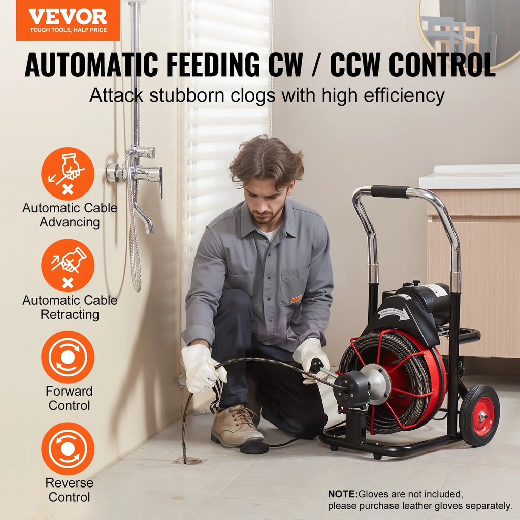 VEVOR Drain Cleaner Machine 100FT x 3/8 Inch, Auto Feed Sewer Snake Auger on Wheels, 370W Portable Drain Cleaning Machine with 8 Cutters & Air-activated Foot Switch for 2" to 4" Pipes