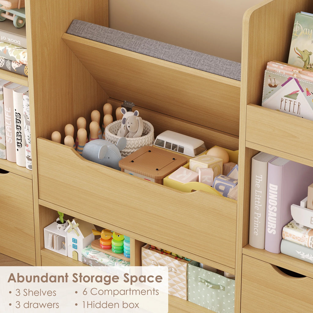 Hiphuta 72"Wide Kids Bookcase with Reading Nook and Under Bench Storage, Wooden Toy Storage Organizer & Book Rack for Kids Room, White