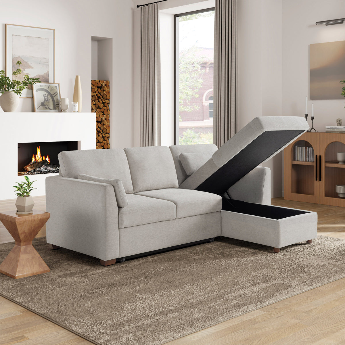 Coddle Luke Fabric Sleeper Sofa with Reversible Chaise and Storage, Beige