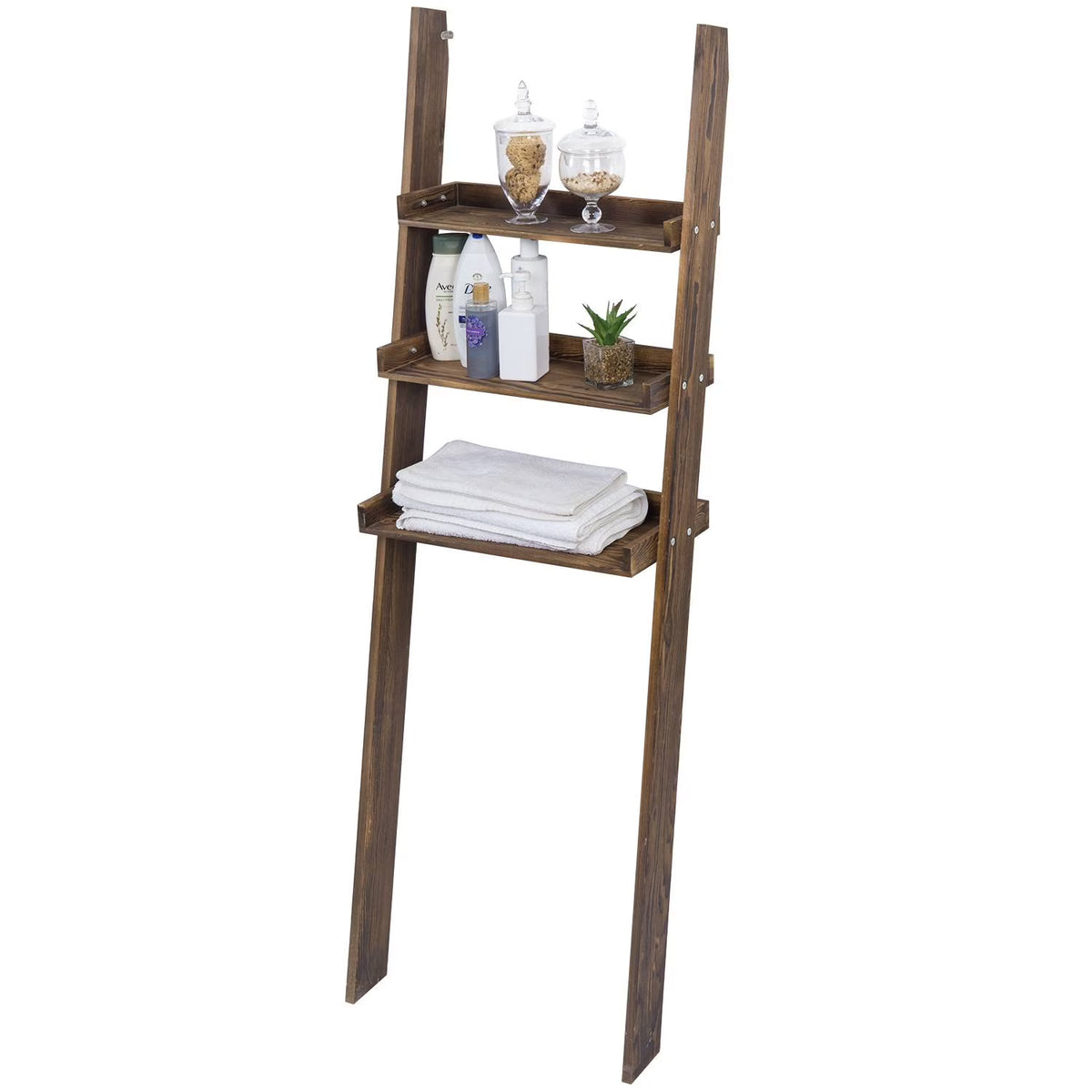 MyGift Wood Over-The-Toilet Leaning Bathroom Ladder Shelf, Dark Brown 3-Tier