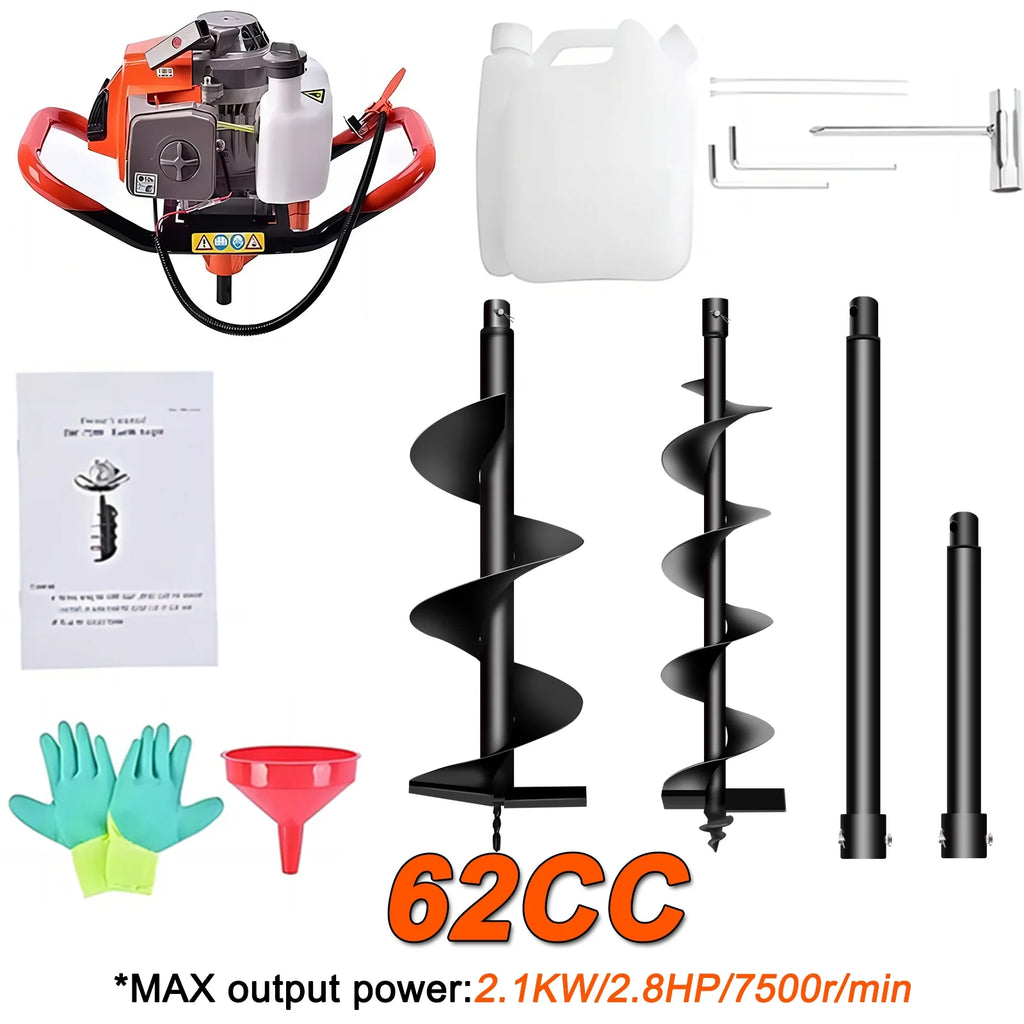PRIJESSE Gas Powered Earth Digger Post Hole Digger with 3 Extension Rods + 3 Auger Drill Bits