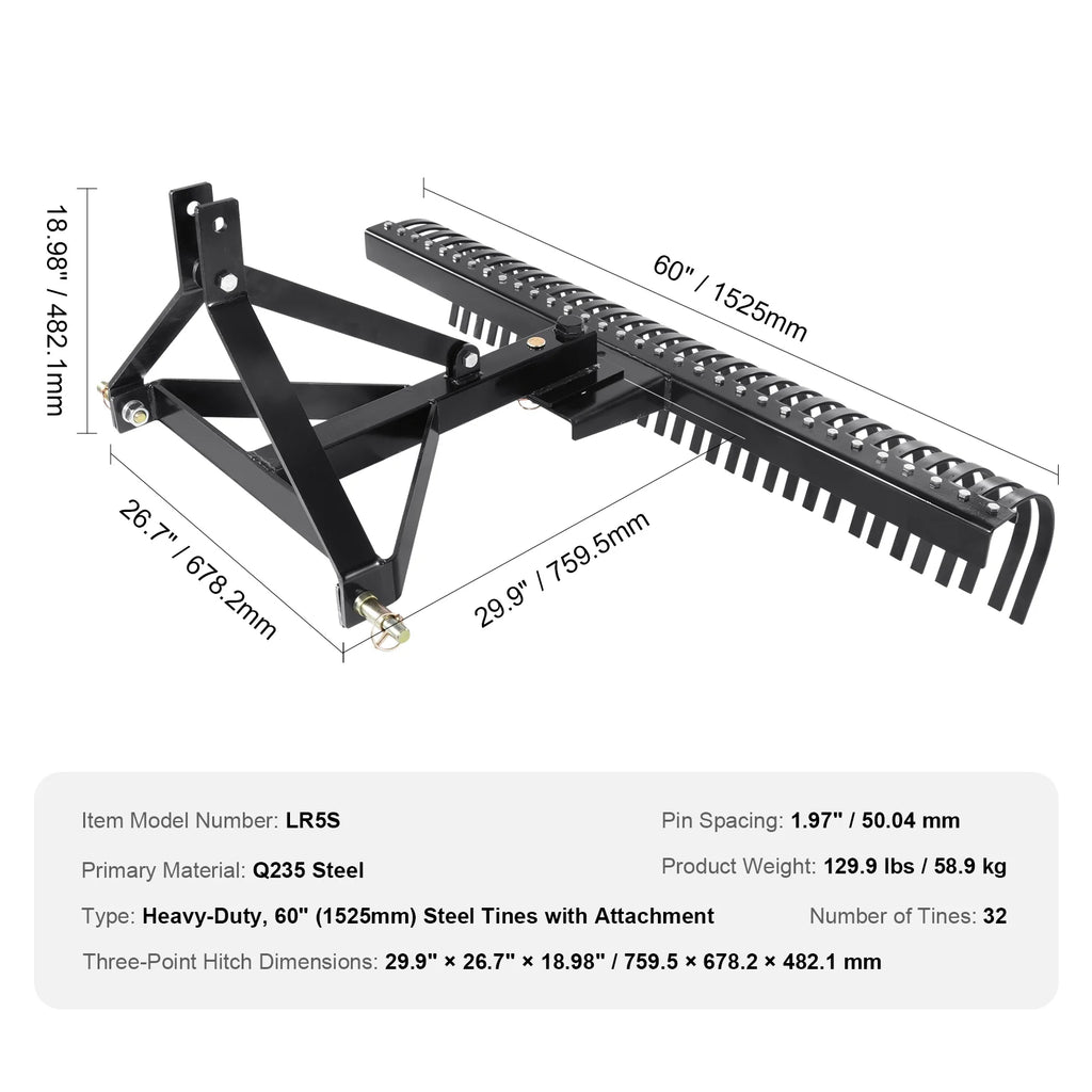 KFFKFF 3-Point Landscape Rake, 60" Pull-Behind Thatch Remover with 32 Steel Tines, Tractor-Compatible 3-Point Hitch Garden Rake with Attachments