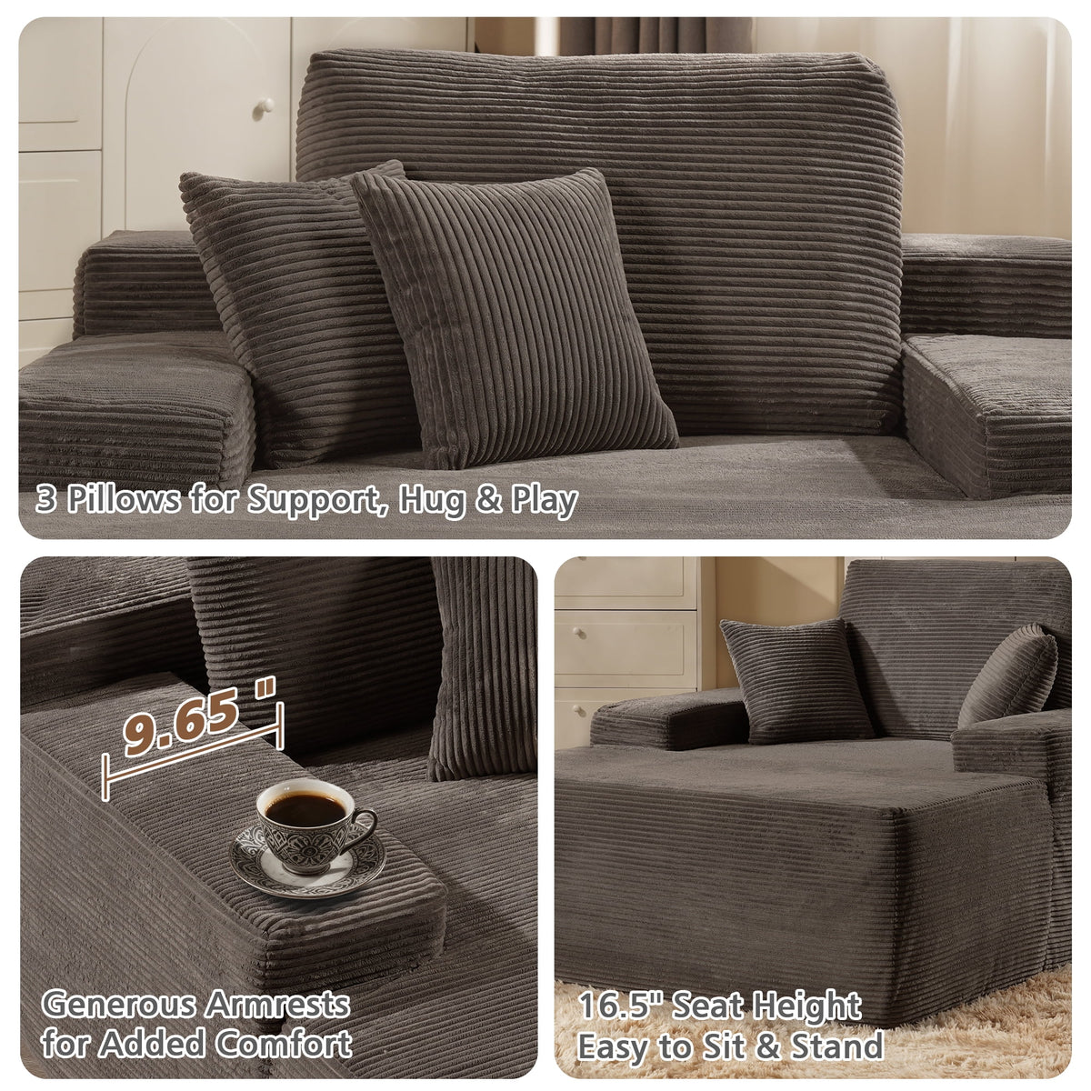 Ovios 67'' Oversized Chaise Lounge Chair Indoor Cloud Plush Corduroy Floor Sofa Bed Deep Seat No Assembly Couch for Living Room, Black