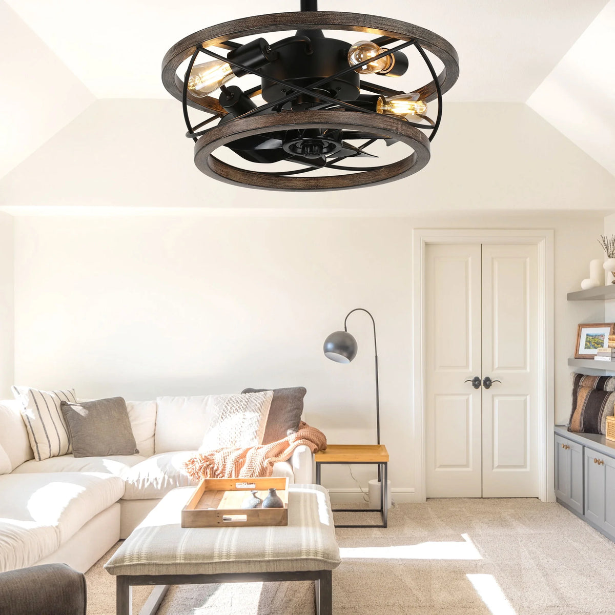 18" Rustic Wood Caged Ceiling Fan with Light and Remote Control, Farmhouse 3-Speed Reversible Flush Mount Ceiling Fan