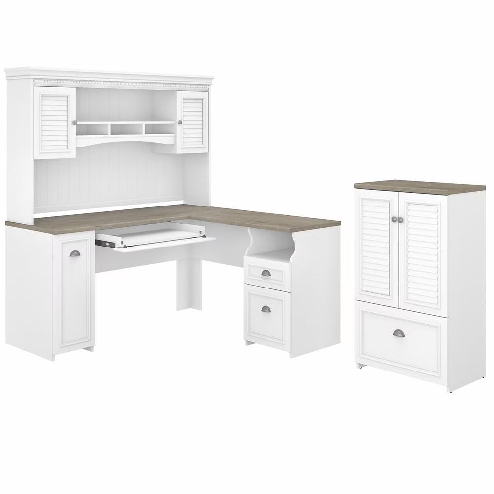 Fairview L Desk with Hutch and Storage Cabinet in White/Gray - Engineered Wood