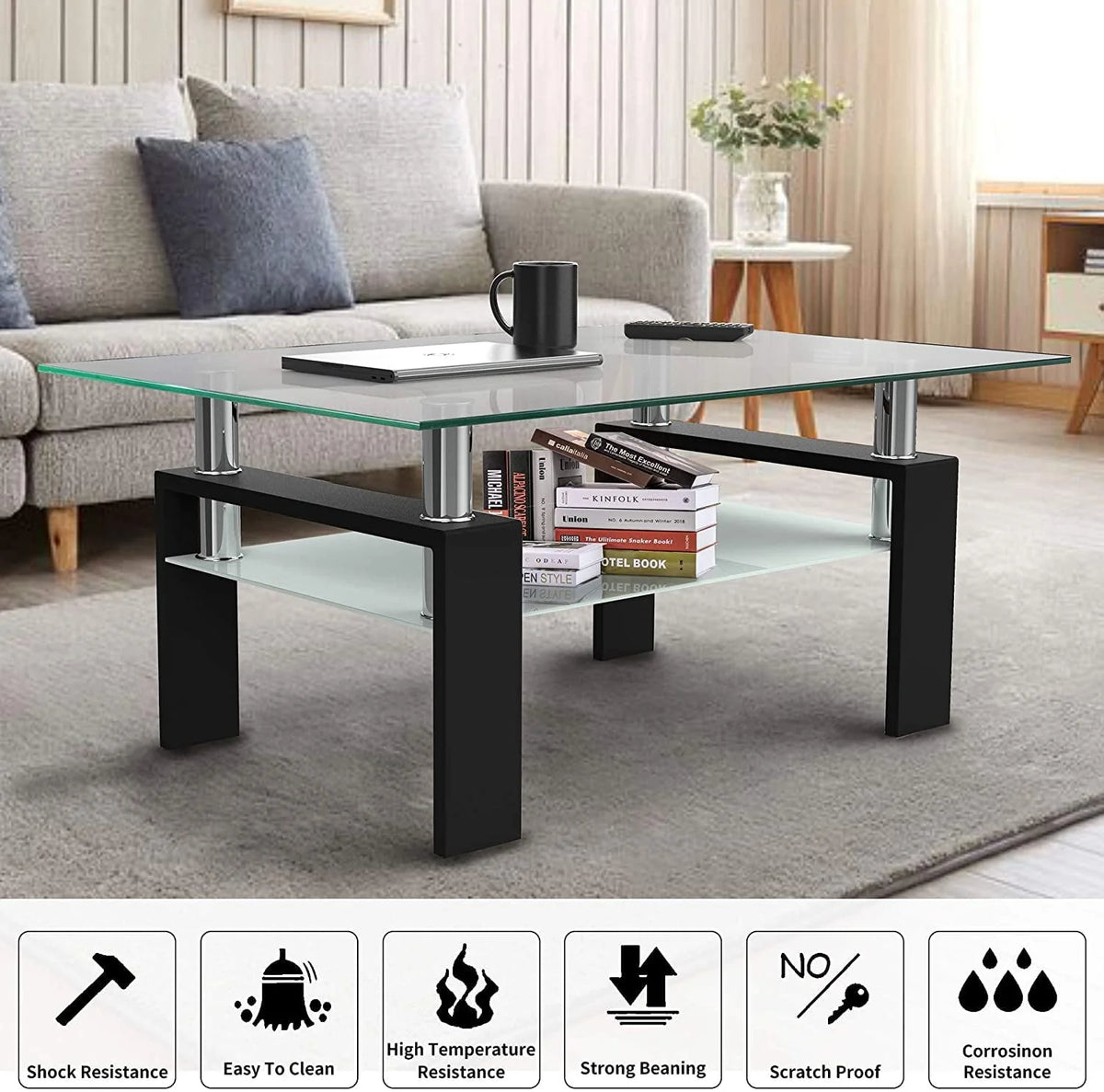 Glass Coffee Table with Lower Shelf, Clear Rectangle Glass Coffee Table, Modern Coffee Table with Metal Legs, Rectangle Center Table Sofa Table Home Furniture for Living Room, L5509