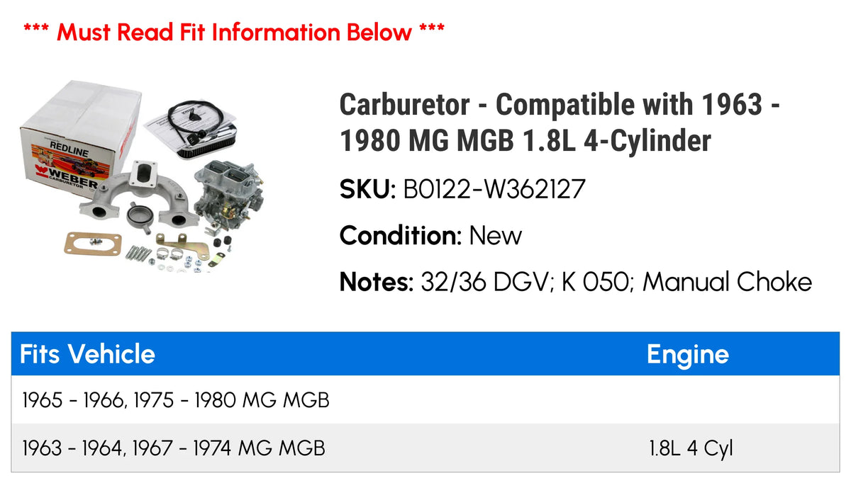 Carburetor - Compatible with 1963 - 1980 MG MGB 1.8L 4-Cylinder 1964 1965 1966 1967 1968 1969 1970 1971 1972 1973 1974 1975 1976 1977 1978 1979