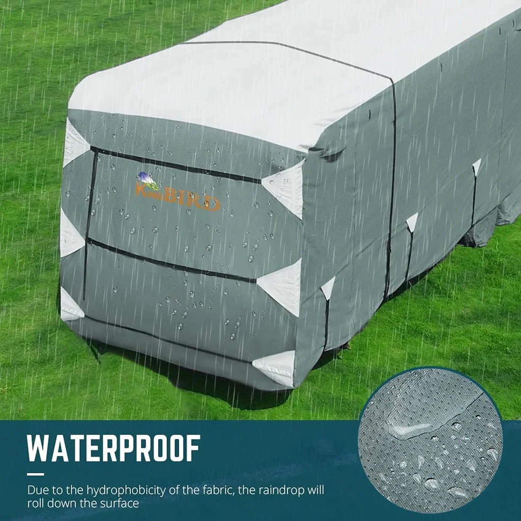 KING BIRD Upgraded Travel Trailer RV Cover, Extra-Thick 5 Layers Anti-UV Top Panel, Deluxe Camper Cover, Fits 27'- 30' RV Cover -Breathable, Water-Repellent, Rip-stop with 2Pcs Straps & 4 Tire Covers