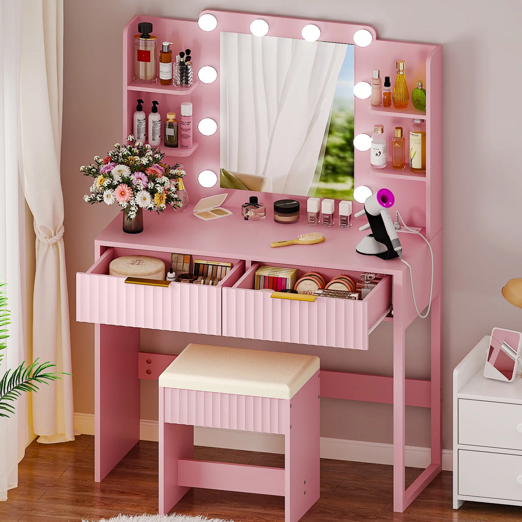Ktaxon Lighted Makeup Vanity, White Vanity Table Set with 2 Drawer and Charging Station, Femal Gift
