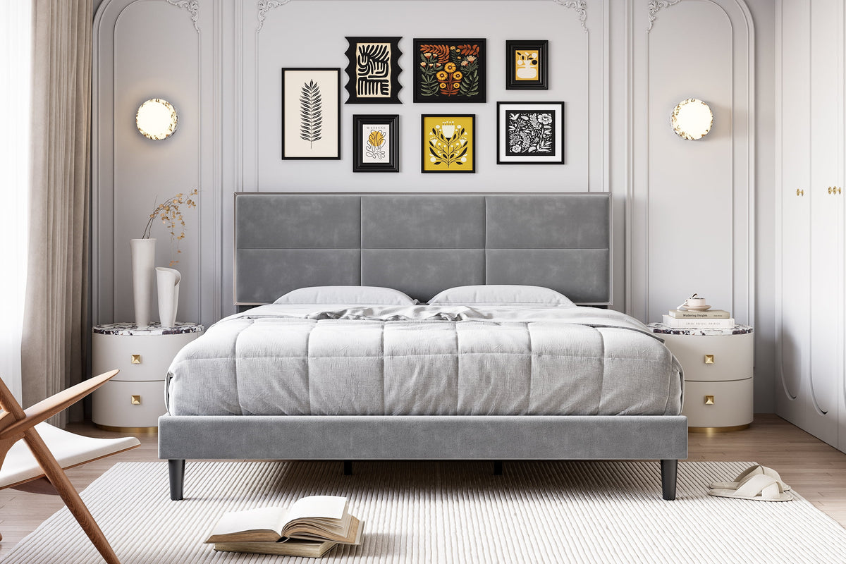 Homhougo King Size Bed Frame Upholstered Platform, Bed Frame with Square Velvet Headboard, Wooden Slats Support, Non-Slip and Noise-Free, No Box Spring Needed, Easy Assembly(Light Gray)