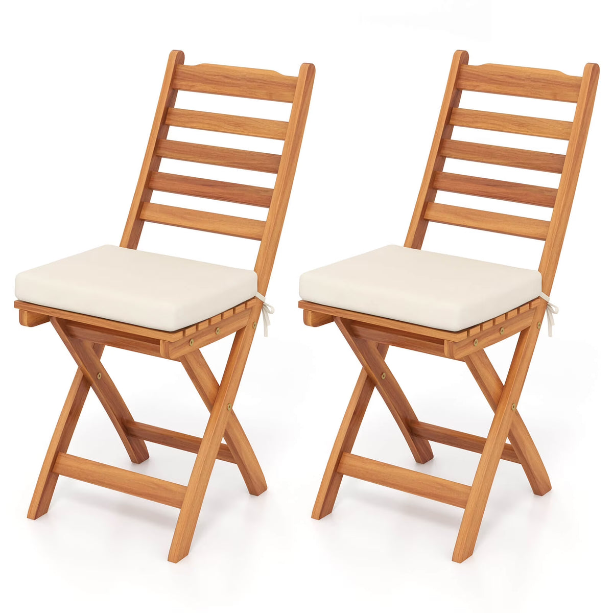 Costway Folding Patio Chairs Set of 2 with Slatted Backrests and Soft Seat Cushions