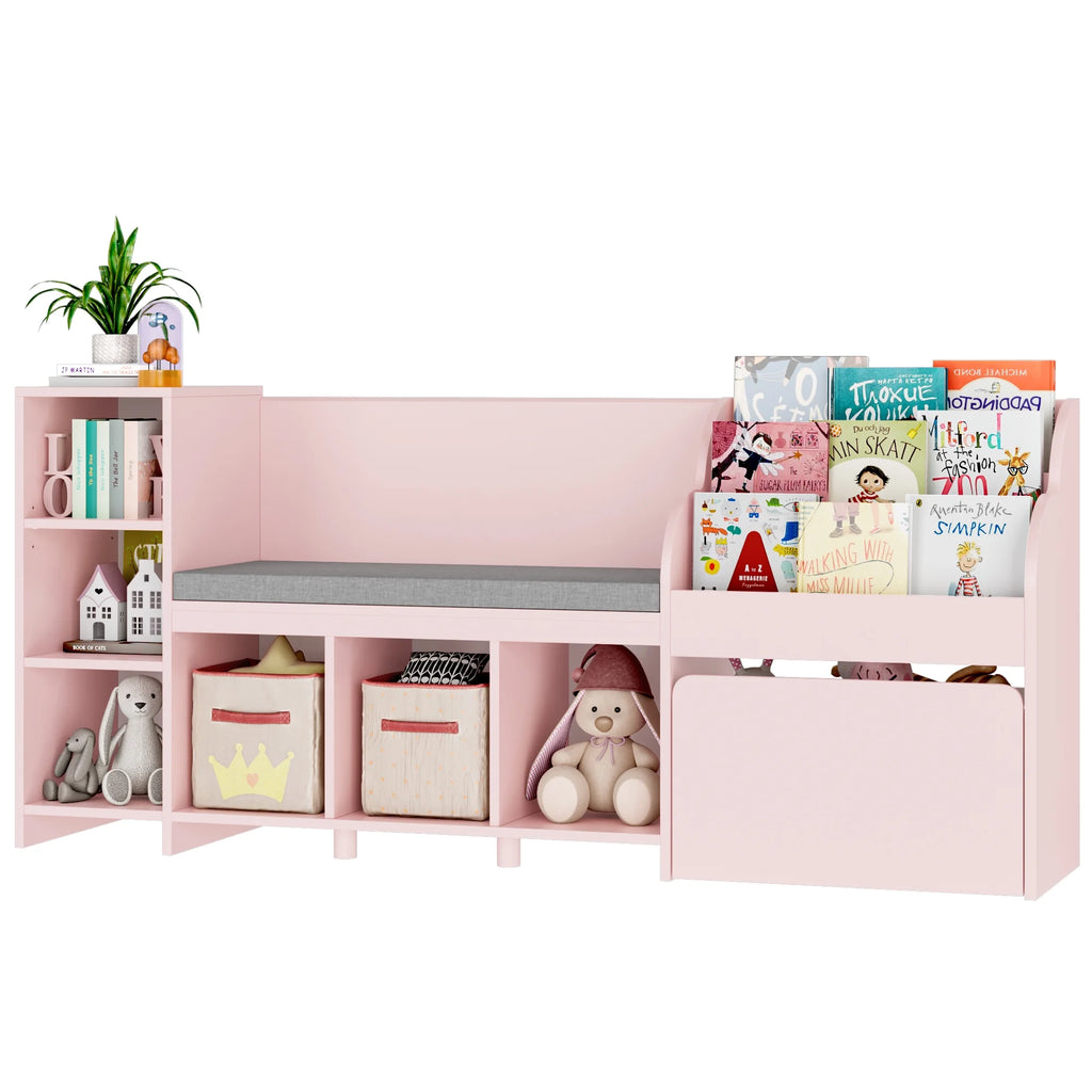Homfa Kids Bookshelf with Reading Nook, 6 Shelf Bookcase with 1 Wood Toy Bin with 3 Tier Book Rack for Children Kidsroom